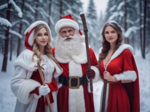 Snow Maiden and Russian Santa Claus with a staff in the forest with a lot of snow